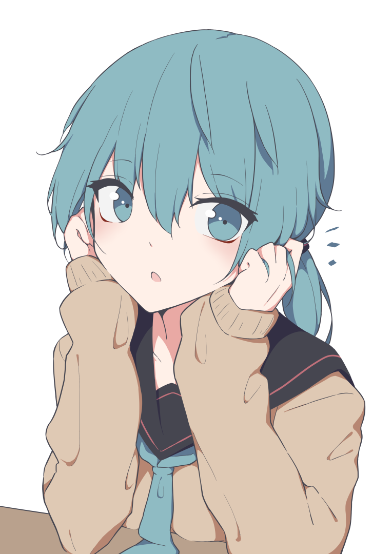 /\/\/\ 1girl :o alternate_costume bangs black_sailor_collar blue_eyes blue_hair blue_neckwear brown_sweater commentary_request eyebrows_visible_through_hair giryu hands_on_own_cheeks hands_on_own_face hatsune_miku long_hair long_sleeves looking_at_viewer neckerchief open_mouth sailor_collar school_uniform simple_background sleeves_past_wrists solo sweater upper_body vocaloid white_background
