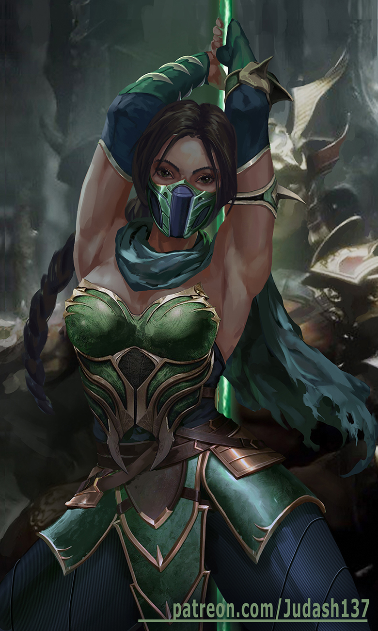 1girl armpits arms_up bare_arms bare_shoulders black_hair bracelet breasts cleavage clenched_hands collarbone dark_skin earrings fantasy fighting_stance fingerless_gloves gloves green_eyes highres jade_(mortal_kombat) jewelry judash137 large_breasts long_hair looking_at_viewer magic mortal_kombat pleated_skirt ponytail skirt smile solo staff standing thighs toned very_long_hair weapon