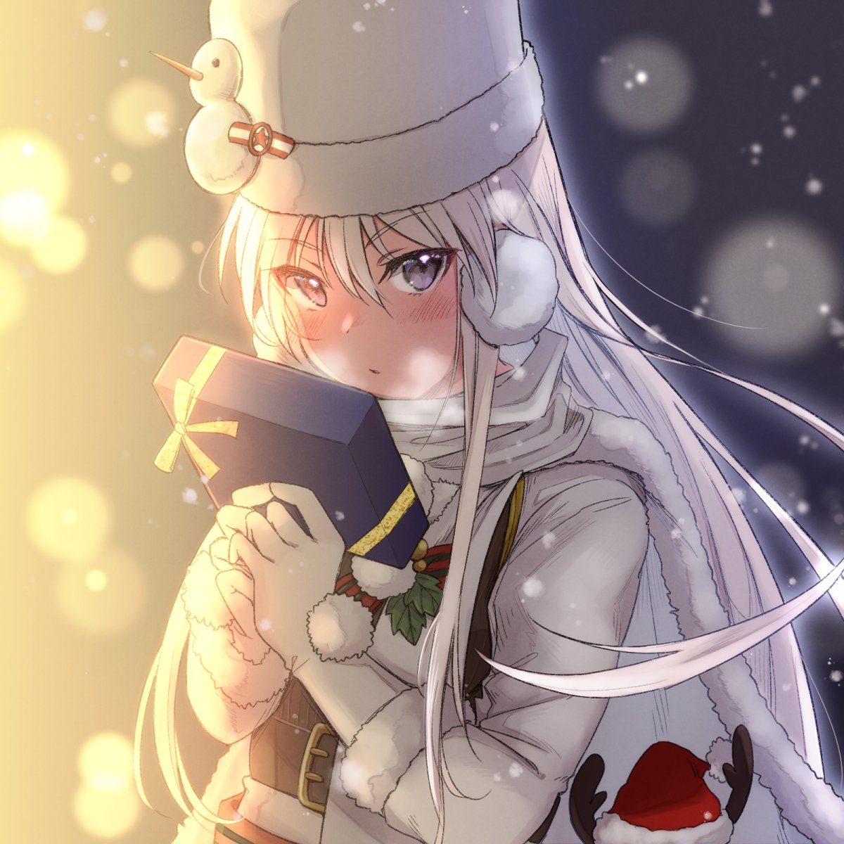 1girl azur_lane blush box buttersea cape coat earmuffs enterprise_(azur_lane) enterprise_(reindeer_master)_(azur_lane) fur-trimmed_cape fur-trimmed_coat fur_trim gift gift_box hair_between_eyes highres holding holding_gift long_hair looking_at_viewer silver_hair snow solo upper_body violet_eyes white_cape white_coat white_headwear winter_clothes winter_coat