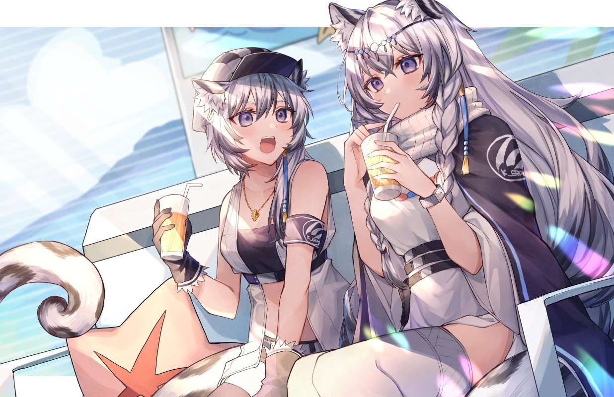 2girls animal_ear_fluff animal_ears arknights armband bandeau bangs bare_arms bare_shoulders bead_necklace beads belt black_belt black_cape black_gloves braid cabbie_hat cape cliffheart_(arknights) commentary_request cup drinking_straw gloves grey_eyes hair_between_eyes hands_up hat head_chain holding holding_cup jacket jewelry koyukomu leopard_ears looking_at_another multiple_girls necklace open_mouth pramanix_(arknights) short_hair siblings silver_hair sisters sitting sleeveless sleeveless_jacket strapless thigh-highs tubetop twin_braids white_headwear white_jacket white_legwear