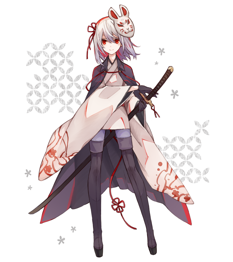 1boy black_gloves black_legwear full_body gloves katana mask mask_on_head pixiv_fantasia pixiv_fantasia_last_saga red_eyes sheath sheathed shirogane_(pixiv_fantasia_last_saga) simple_background smile standing sword tori_(10ri) weapon white_background wide_sleeves