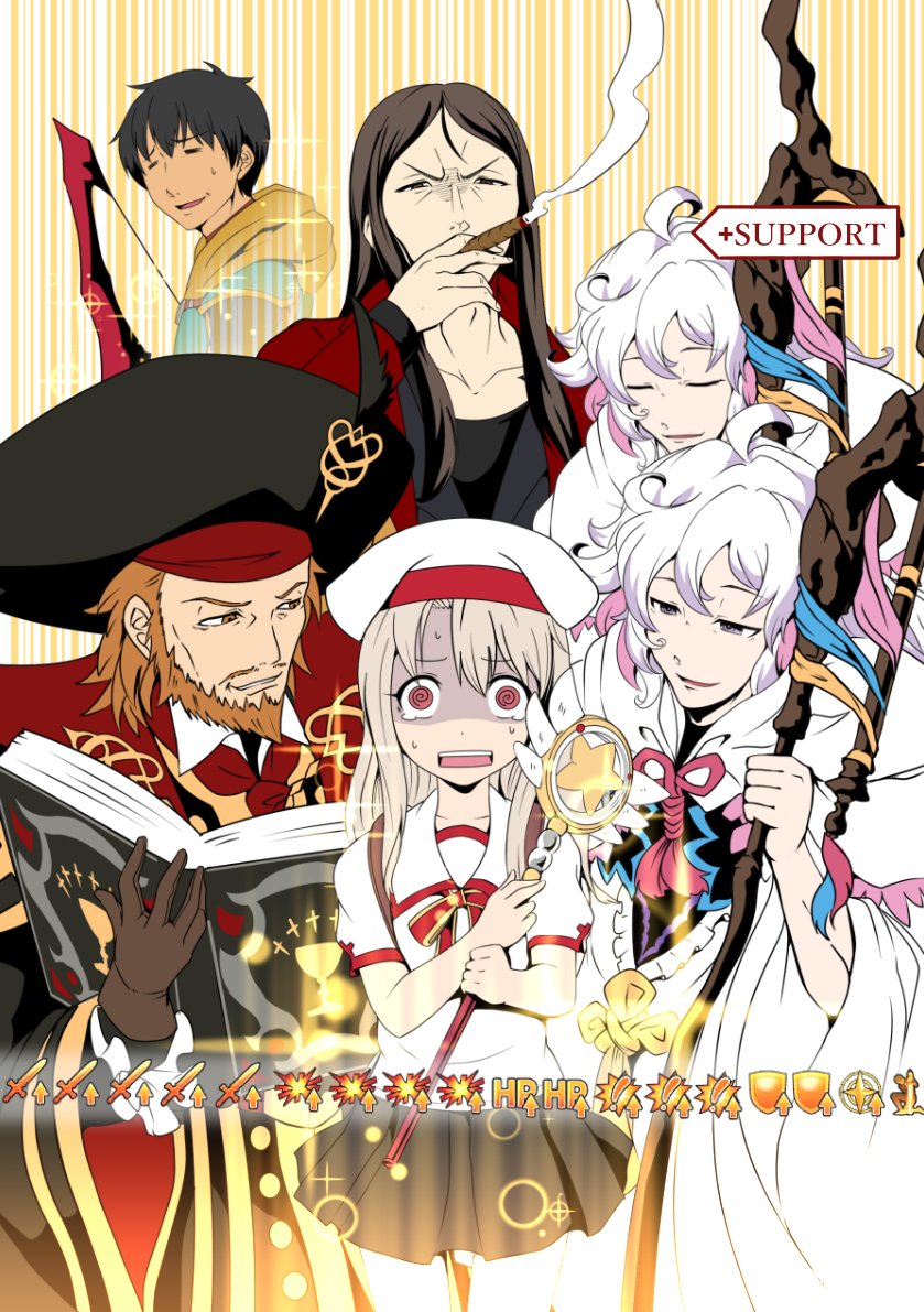 @_@ arash_(fate) beard book bow_(weapon) cigar facial_hair fading fate/grand_order fate_(series) gameplay_mechanics hat hood illyasviel_von_einzbern kamizono_(spookyhouse) long_hair lord_el-melloi_ii magical_ruby merlin_(fate) open_book robe scared skirt smoking staff tearing_up waver_velvet weapon william_shakespeare_(fate)