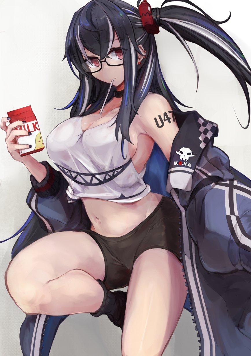 azur_lane baggy_clothes bike_shorts black-framed_eyewear black_hair breasts cross_choker drinking_straw highres long_hair marshall_k milk_carton multicolored_hair navel no_bra off_shoulder one_side_up red_eyes semi-rimless_eyewear streaked_hair two-tone_hair u-47_(azur_lane) u-47_(beginner_rider)_(azur_lane) white_hair