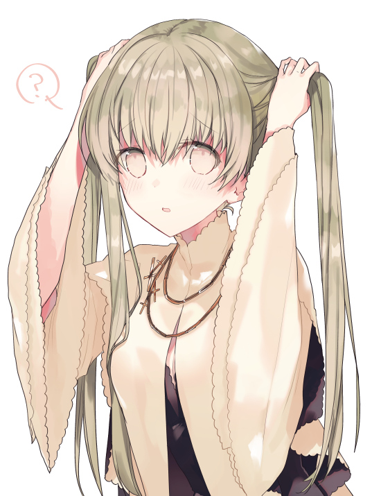 1girl :o ? bangs blush breasts cecilia_(shiro_seijo_to_kuro_bokushi) cross earrings eyebrows_visible_through_hair green_hair hair_between_eyes holding holding_hair jewelry kazutake_hazano light_brown_eyes long_hair long_sleeves looking_at_viewer necklace open_mouth parted_lips shiro_seijo_to_kuro_bokushi simple_background solo spoken_question_mark twintails upper_body very_long_hair white_background wide_sleeves