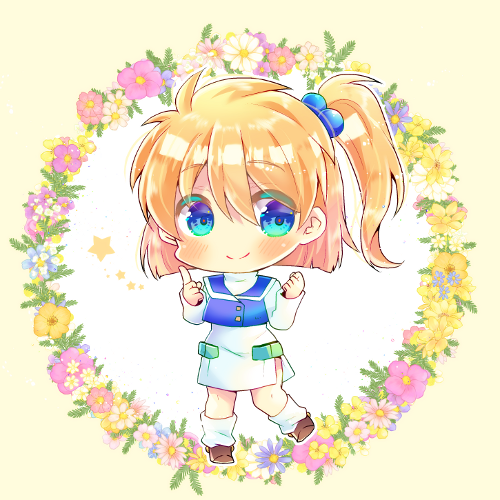 1girl bangs beige_background blonde_hair blue_eyes blue_jacket blush brown_footwear chibi closed_mouth commentary_request commission dress eyebrows_visible_through_hair floral_background flower full_body hair_between_eyes hair_bobbles hair_ornament hands_up index_finger_raised jacket kouu_hiyoyo long_sleeves looking_at_viewer loose_socks lowres one_side_up pink_flower presia_zenoskis purple_flower shoes sleeveless sleeveless_jacket smile socks solo standing standing_on_one_leg star_(symbol) super_robot_wars super_robot_wars_the_lord_of_elemental two-tone_background white_background white_dress white_flower white_legwear yellow_flower