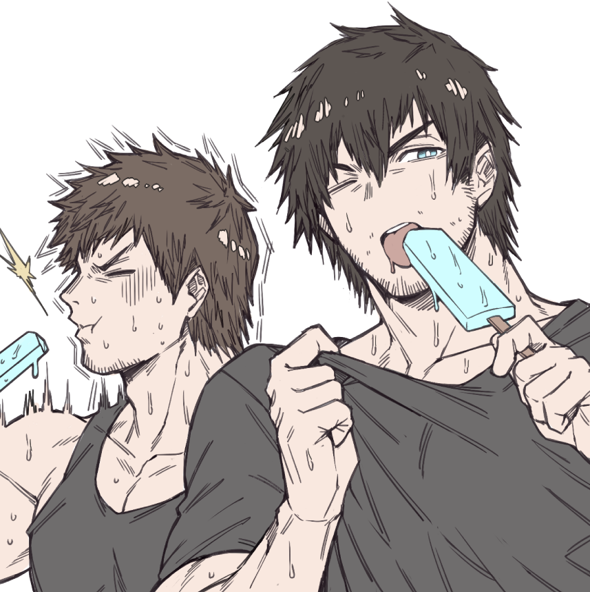 2boys ardbert_(ff14) bangs bara beard black_hair black_tank_top brain_freeze brown_hair chest closed_eyes facial_hair final_fantasy final_fantasy_xiv food hair_between_eyes ice_cream licking looking_at_viewer male_focus manly melting multiple_boys muscle one_eye_closed open_mouth pectorals revealing_clothes shiny shiny_hair shirt_pull stubble sweat tank_top upper_body warrior_of_light white_background yaoi zanki