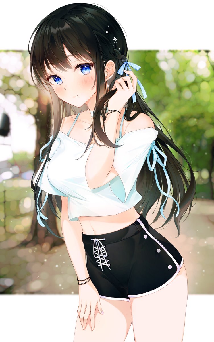 1girl bare_shoulders black_hair black_shorts blue_eyes blurry bokeh bra_strap bracelet breasts choker collarbone cowboy_shot crop_top crop_top_overhang depth_of_field hair_ribbon hand_on_own_thigh hand_up high-waist_shorts highres jewelry lebring long_hair looking_at_viewer medium_breasts midriff navel off-shoulder_shirt off_shoulder original ribbon shirt short_shorts short_sleeves shorts sidelocks solo spaghetti_strap standing thighs white_choker white_shirt