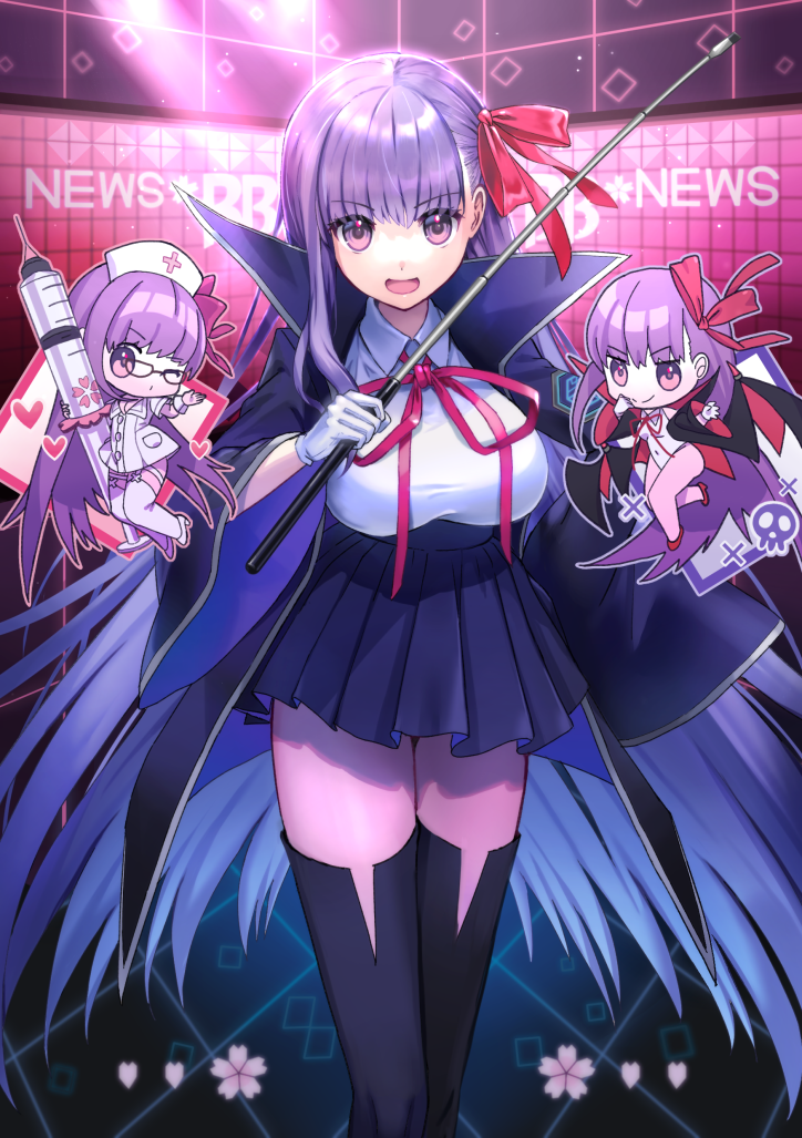 3girls artist_request bangs bb_(fate)_(all) bb_(fate/extra_ccc) bb_(swimsuit_mooncancer)_(fate) bbb black_coat black_skirt breasts chibi coat fate/extra fate/extra_ccc fate_(series) gloves hair_ribbon high-waist_skirt holding holding_wand large_breasts leotard long_hair multiple_girls multiple_persona neck_ribbon open_clothes open_coat popped_collar purple_hair red_ribbon ribbon skirt very_long_hair violet_eyes wand white_gloves white_leotard wide_sleeves