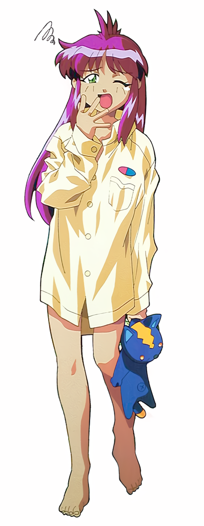 1990s_(style) 1girl all_purpose_cultural_cat_girl_nuku_nuku barefoot full_body green_eyes hand_to_own_mouth holding holding_stuffed_animal long_hair long_sleeves natsume_atsuko official_art pajamas pink_hair simple_background solo standing stuffed_animal stuffed_toy white_background wince yawning