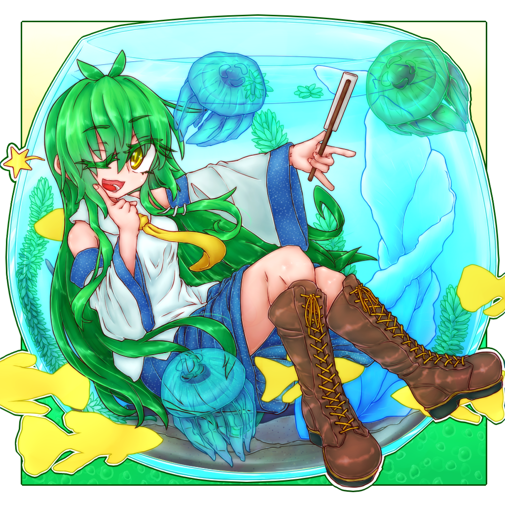 1girl bare_legs blue_skirt boots brown_footwear commentary_request cross-laced_footwear detached_sleeves eyebrows_visible_through_hair eyelashes fishbowl green_hair japanese_clothes jellyfish knee_boots knees_together_feet_apart kochiya_sanae lace-up_boots long_hair looking_at_viewer miko nama_gomi_(artist) nontraditional_miko one_eye_closed open_mouth shirt sitting skirt smile solo spoken_star star_(symbol) touhou white_shirt wide_sleeves yellow_eyes yellow_neckwear