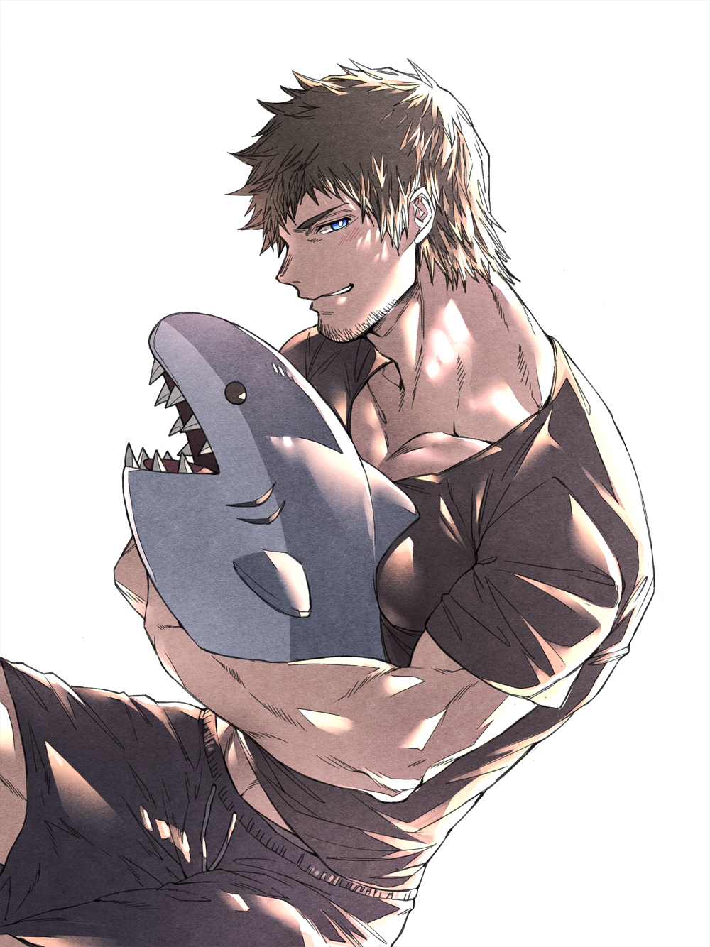 1boy abs abs_peek ardbert_(ff14) bangs bara beard blue_eyes blush brown_hair chest crossed_arms facial_hair final_fantasy final_fantasy_xiv from_side highres light looking_at_viewer male_focus manly muscle pectorals shadow shark short_sleeves shorts sitting smile solo stubble stuffed_animal stuffed_toy upper_body v-neck white_background zanki