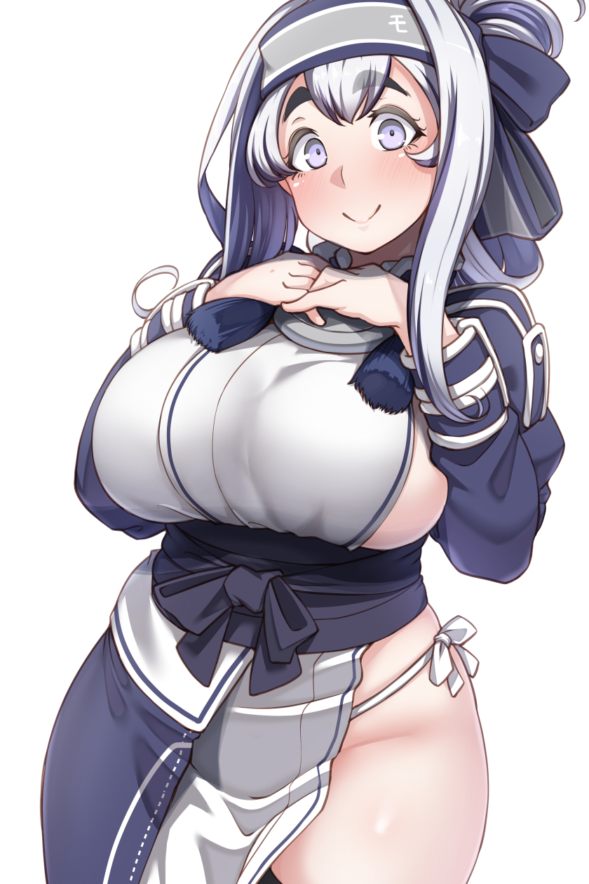 1girl ainu_clothes bandana blue_hair blue_headband breasts commentary_request cowboy_shot cropped_jacket folded_ponytail fundoshi grey_eyes headband highres huge_breasts japanese_clothes kamoi_(kantai_collection) kantai_collection pelvic_curtain ryuun_(stiil) sideboob sidelocks simple_background solo thick_eyebrows white_background white_hair wrist_guards