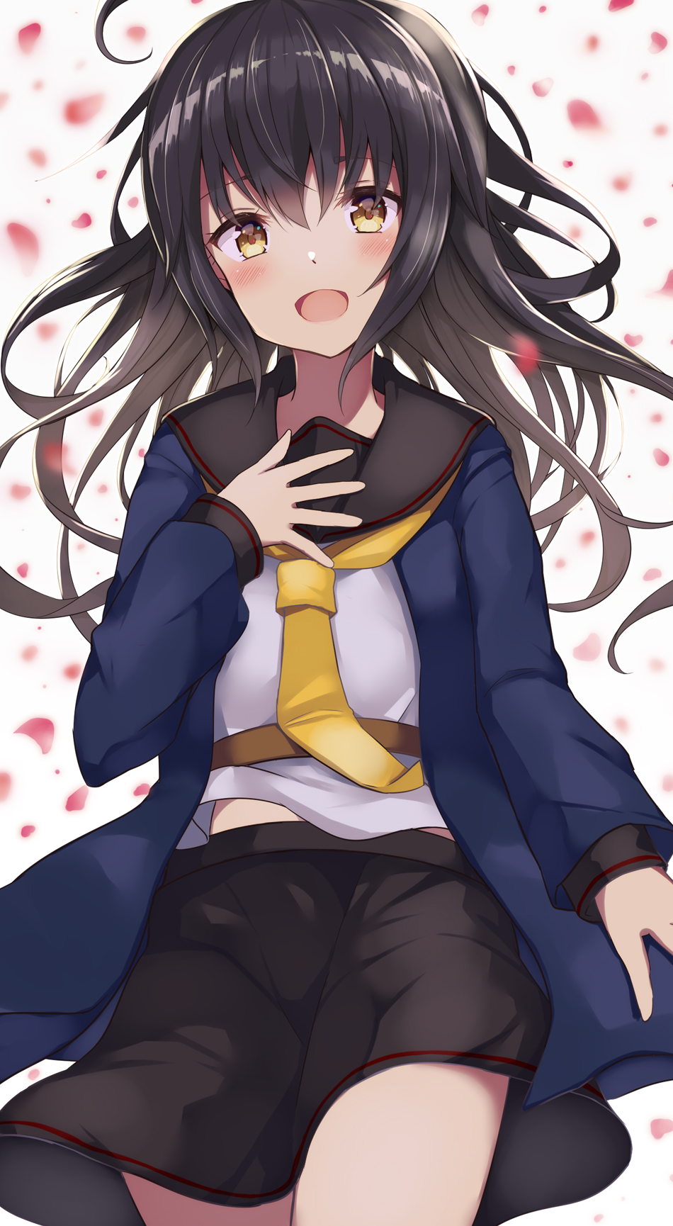 1girl :d ahoge black_hair black_sailor_collar black_skirt blue_jacket blush cowboy_shot eyebrows_visible_through_hair hair_between_eyes highres jacket kantai_collection long_hair long_sleeves mikazuki_(kantai_collection) natsu_narumi neckerchief open_mouth original_remodel_(kantai_collection) sailor_collar skirt smile solo yellow_eyes yellow_neckwear