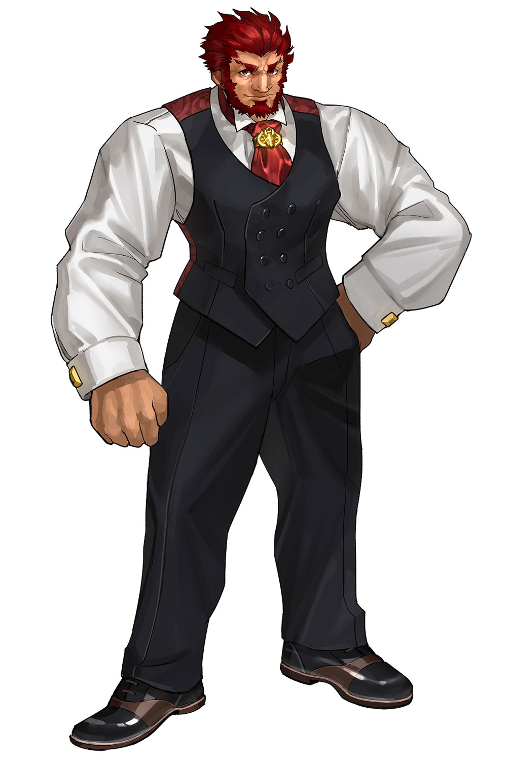 1boy alternate_costume bara beard dark_skin dark_skinned_male facial_hair fate/extella fate/extra fate/grand_order fate_(series) full_body hand_on_hip highres iskandar_(fate) leather long_sleeves looking_at_viewer male_focus manly muscle necktie official_art pants red_eyes redhead shirt shoes smile vest wada_aruko white_background white_shirt