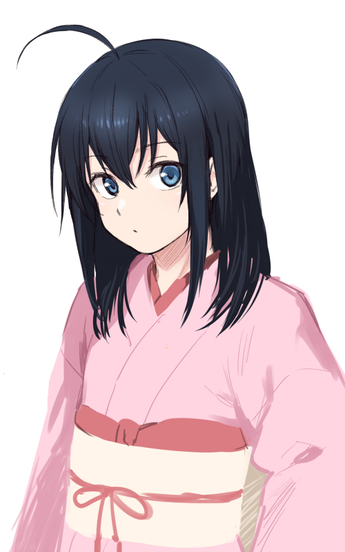 1boy ahoge asugano_subaru black_hair blue_eyes bow commentary_request japanese_clothes kimono looking_at_viewer medium_hair obi original pink_bow pink_kimono sash simple_background sketch solo white_background yagi_(ningen) yukata