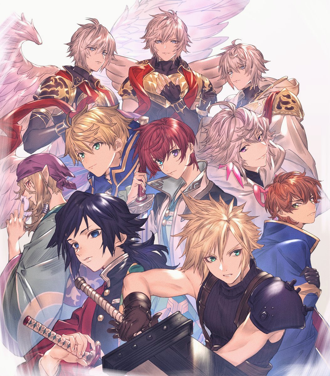 6+boys arthur_pendragon_(fate) asbel_lhant black_hair blonde_hair blue_eyes brown_hair buster_sword closed_mouth cloud_strife code_geass crossover fate/grand_order fate/prototype fate_(series) final_fantasy final_fantasy_vii gloves granblue_fantasy green_eyes hair_between_eyes haori heterochromia highres holding holding_weapon jacket japanese_clothes katana kimetsu_no_yaiba kururugi_suzaku kusuriuri_(mononoke) long_hair long_sleeves looking_at_viewer lucifer_(shingeki_no_bahamut) lucilius_(granblue_fantasy) lucio_(granblue_fantasy) male_focus merlin_(fate) mononoke multicolored_hair multiple_boys robe sachico66 sakurai_takahiro seiyuu_connection short_hair smile spiky_hair sword tales_of_(series) tales_of_graces tomioka_giyuu violet_eyes weapon white_hair