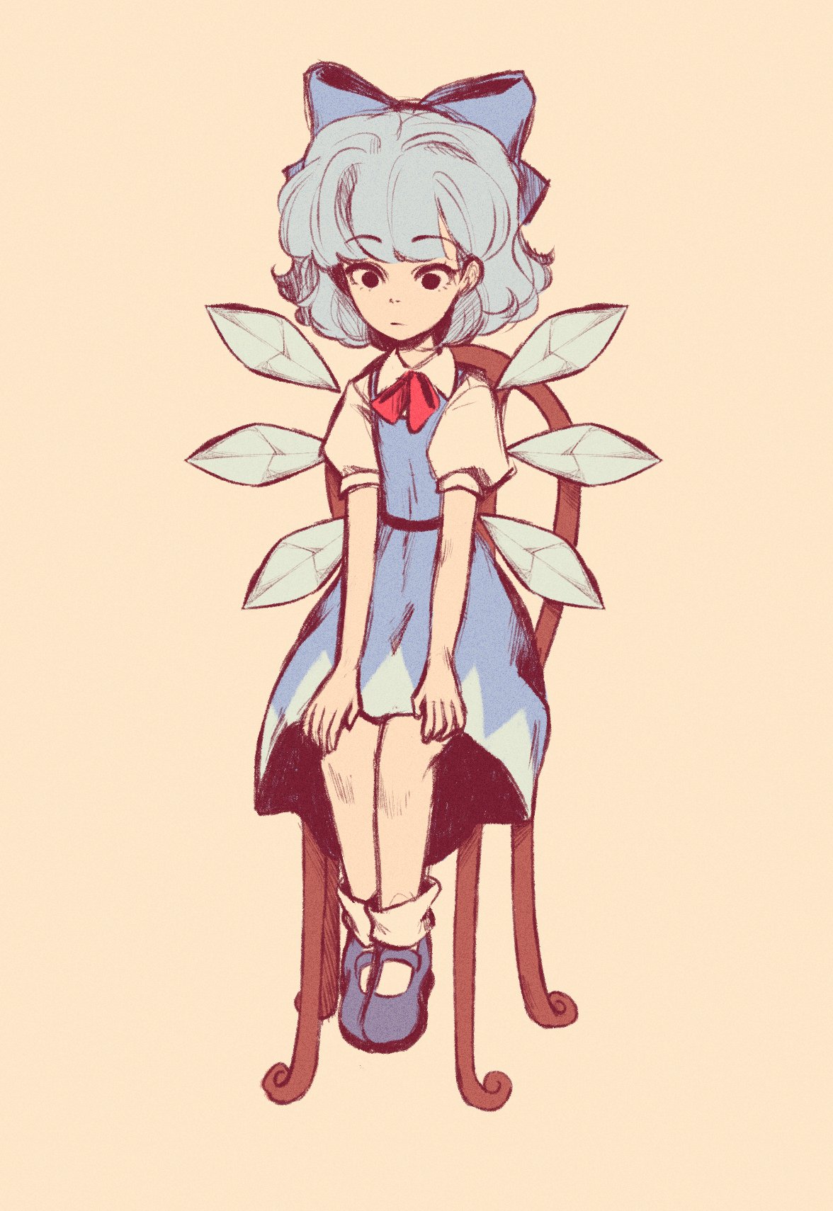 1girl black_eyes blue_dress blue_hair blue_ribbon chair cirno dress expressionless hair_ribbon hands_on_own_knees highres ice ice_wings linmiee mary_janes puffy_short_sleeves puffy_sleeves ribbon shoes short_hair short_sleeves sitting socks solo touhou wings