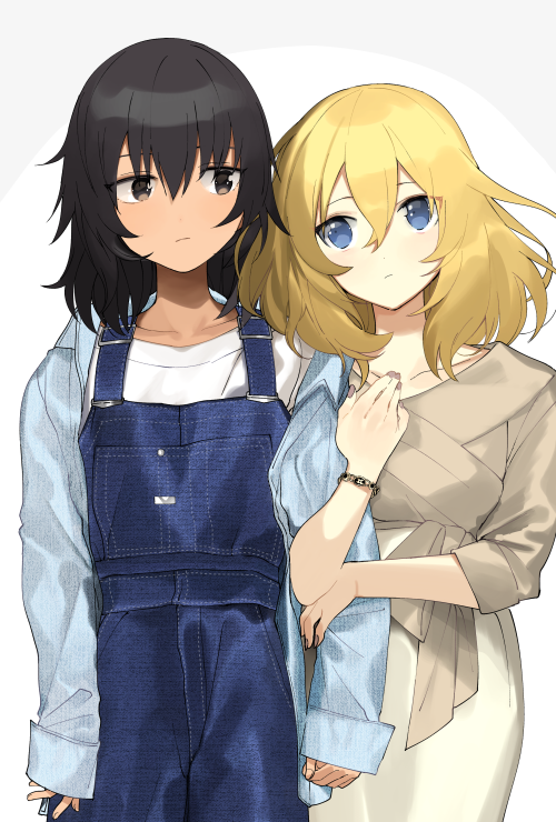 2girls andou_(girls_und_panzer) arm_grab bangs black_hair blonde_hair blue_eyes blue_shirt bracelet brown_eyes casual closed_mouth collared_shirt commentary dark_skin denim dress girls_und_panzer jewelry light_frown long_sleeves looking_at_another medium_hair messy_hair multiple_girls oshida_(girls_und_panzer) overalls shirt short_sleeves sleeves_past_wrists standing tan3charge white_dress white_shirt yuri