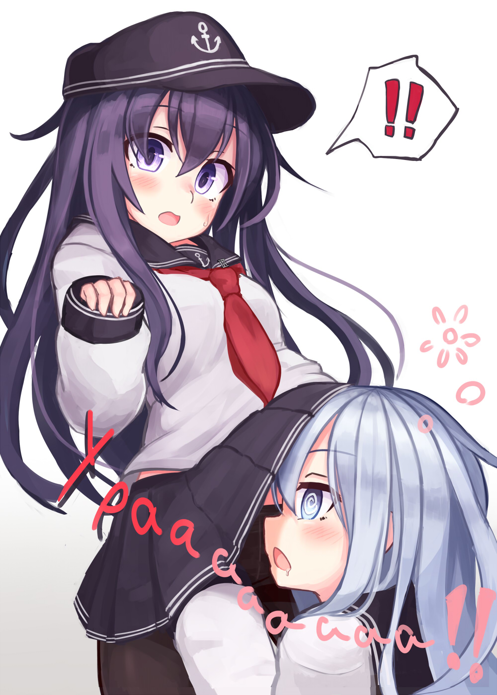 !! ... 2girls @_@ akatsuki_(kantai_collection) anchor_symbol black_legwear blue_eyes blush eyebrows_visible_through_hair flat_cap hat hibiki_(kantai_collection) highres kantai_collection long_hair long_sleeves multiple_girls neckerchief open_mouth pantyhose pleated_skirt purple_hair reitou_mikan russian_text sailor_collar school_uniform serafuku silver_hair simple_background skirt skirt_lift spoken_ellipsis verniy_(kantai_collection) violet_eyes white_background