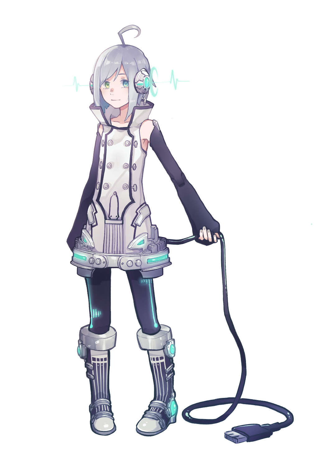 1boy ahoge androgynous arm_at_side black_legwear blue_eyes boots closed_mouth commentary_request detached_sleeves full_body green_eyes grey_hair grey_nails headphones heterochromia high_collar highres holding_own_tail long_sleeves looking_at_viewer male_focus mi_no_take neon_trim simple_background sleeves_past_wrists solo standing tail usb utatane_piko vocaloid vocaloid_boxart_pose white_background