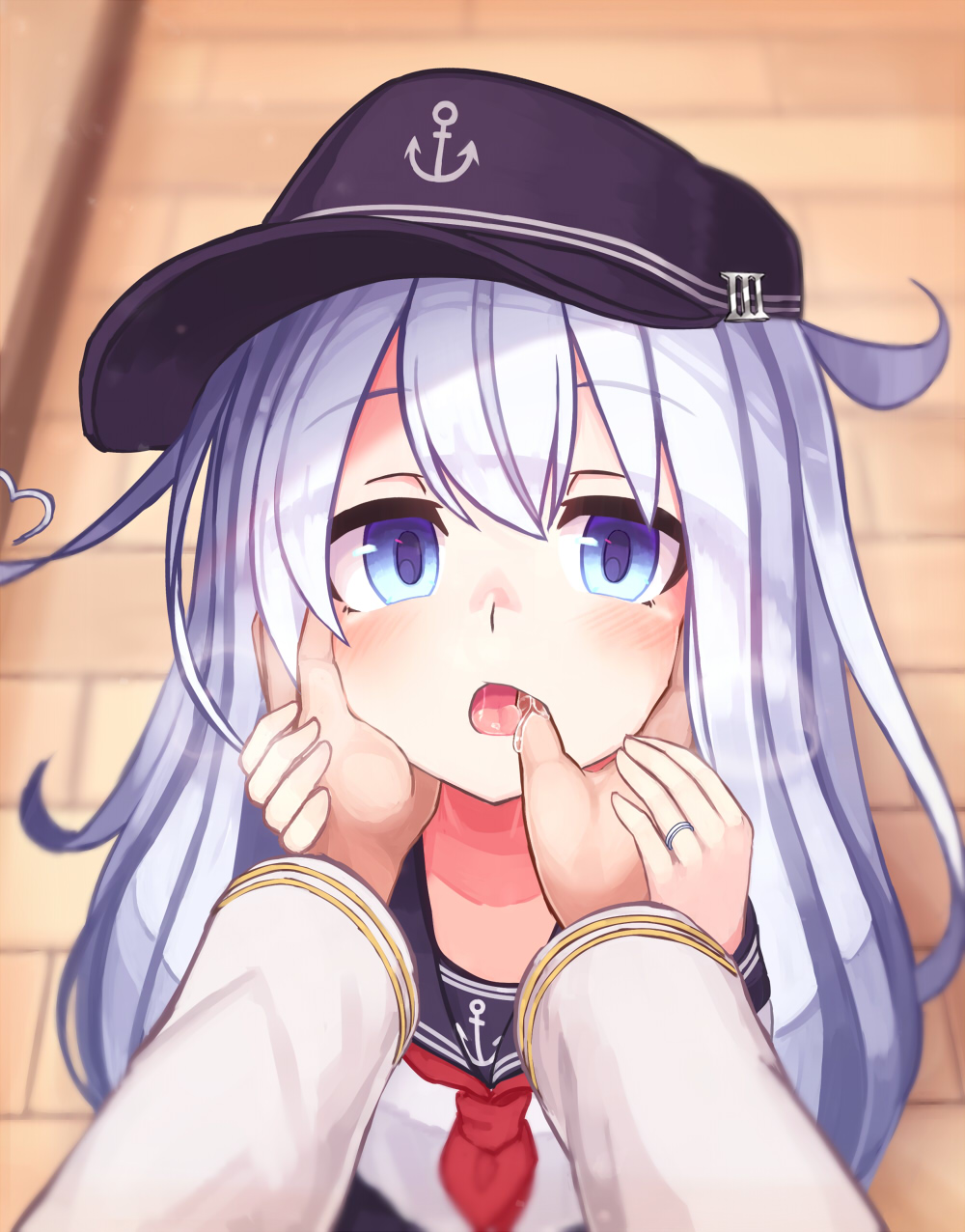 1boy 1girl anchor anchor_symbol blue_eyes blush eyebrows_visible_through_hair finger_in_another's_mouth flat_cap hat heart_hair hibiki_(kantai_collection) highres jewelry kantai_collection long_hair long_sleeves neckerchief open_mouth red_neckwear reitou_mikan ring sailor_collar saliva school_uniform serafuku silver_hair solo_focus wedding_band