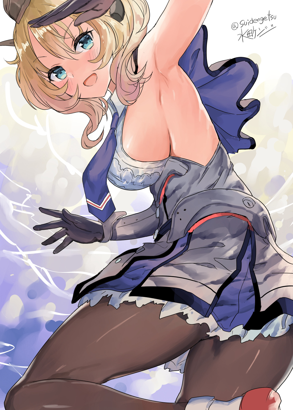 1girl :d artist_name black_legwear blonde_hair blue_eyes blue_neckwear blue_skirt blush braid breasts capelet colorado_(kantai_collection) eyebrows_visible_through_hair garrison_cap grey_headwear hair_between_eyes hat headgear highres kantai_collection large_breasts mizuta_kenji necktie open_mouth pantyhose pleated_skirt shirt short_hair sideboob signature skirt sleeveless sleeveless_shirt smile solo twitter_username white_shirt