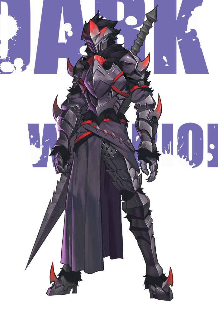 1boy armor black_armor breastplate english_text full_armor fur_trim gauntlets greaves helmet knight male_focus neko_sheep original pauldrons shoulder_armor solo standing sword warrior weapon weapon_on_back