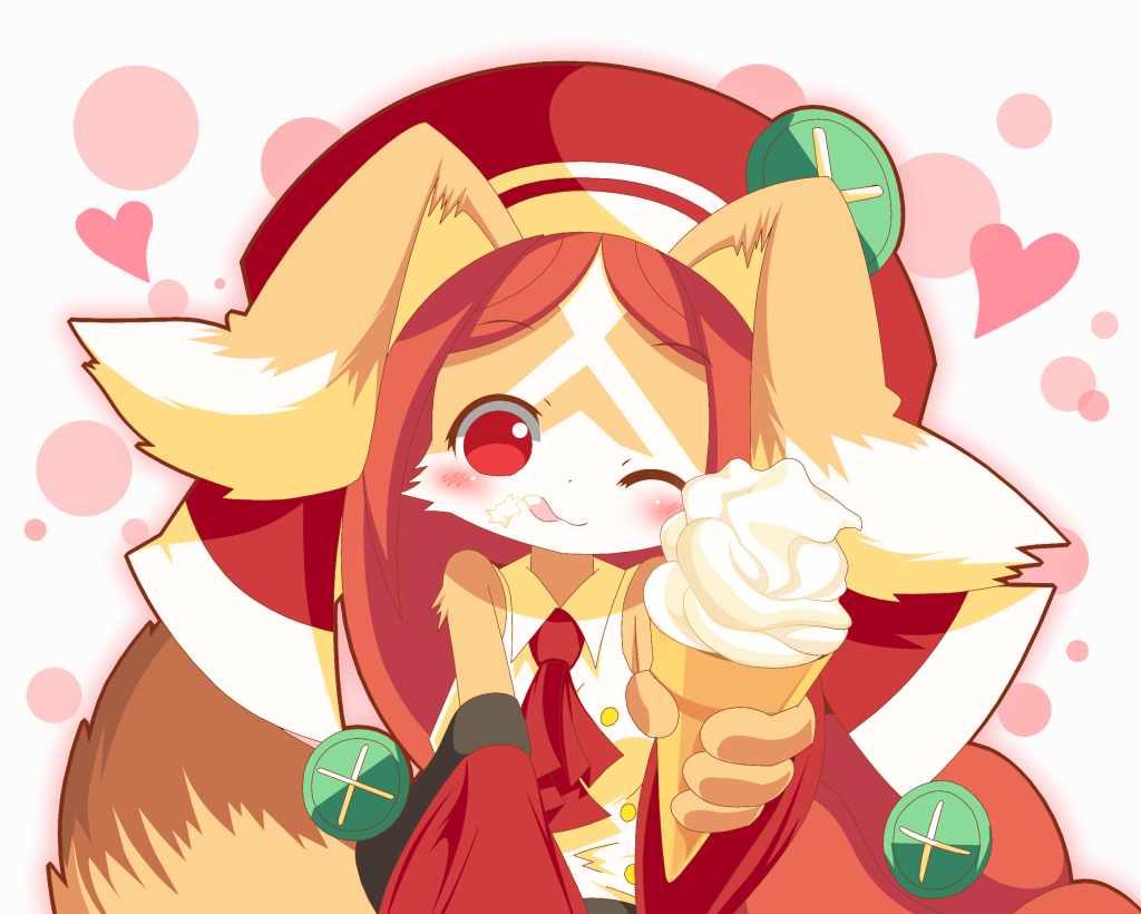 1girl animal_ears bare_shoulders blush breasts brown_fur brown_hair chantico_(fullbokko_heroes) commentary_request detached_sleeves dog dog_ears dog_girl dog_tail eating eyebrows_visible_through_hair food food_on_face fullbokko_heroes furry headwear heart holding holding_food ice_cream ice_cream_cone licking_lips long_hair looking_at_viewer medium_breasts neru_(neruneruru) one_eye_closed red_eyes red_sleeves simple_background solo tail tongue tongue_out two-tone_fur upper_body white_background white_fur