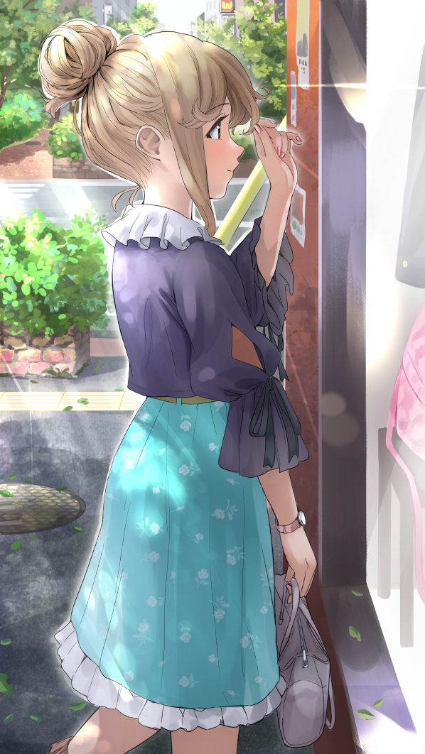 1girl adjusting_hair aqua_skirt bag bangs belt black_eyes black_ribbon blonde_hair blush brown_hair casual closed_mouth commentary_request day feet_out_of_frame fingernails floral_print frilled_shirt_collar frills from_side hair_bun hand_up handbag holding holding_hair idolmaster idolmaster_million_live! jewelry leaf long_fingernails manhole_cover nail_polish outdoors pink_nails planter print_skirt profile puffy_sleeves purple_shirt ribbon shirt sidelocks skirt sleeves_past_elbows smile solo standing storefront sunlight tenkuubashi_tomoka watch watch yoropa