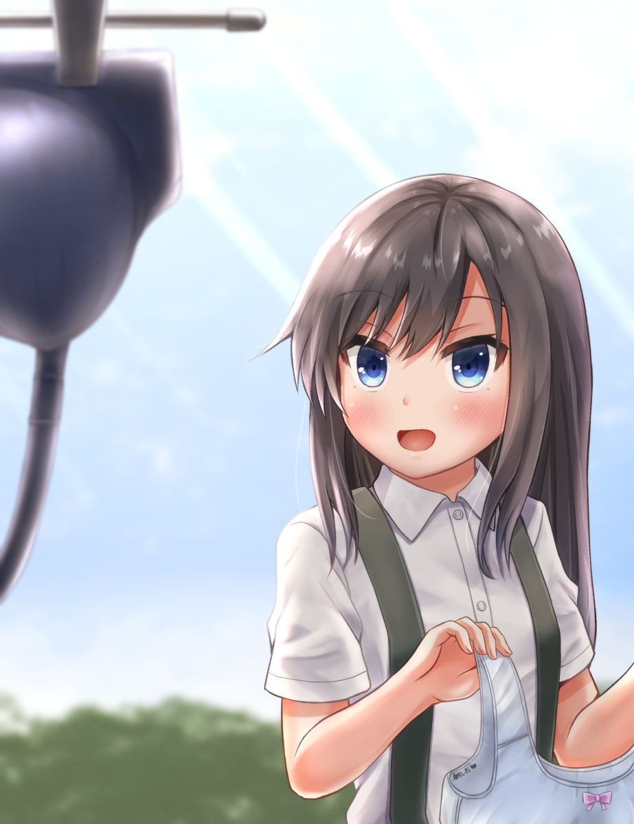 1girl asashio_(kantai_collection) black_hair blue_eyes blue_sky bra clothes_hanger clouds comiching commentary_request day highres holding_clothes kantai_collection long_hair outdoors shirt short_sleeves sky solo training_bra underwear upper_body white_shirt