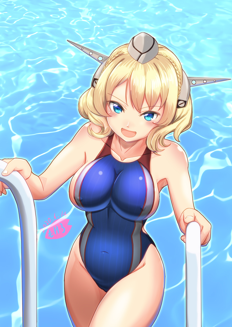 1girl :d artist_name blonde_hair blue_eyes blue_swimsuit blush breasts collarbone colorado_(kantai_collection) competition_swimsuit covered_nipples cowboy_shot dated eyebrows_visible_through_hair garrison_cap grey_headwear hat headgear kantai_collection large_breasts mokerou one-piece_swimsuit open_mouth pool short_hair signature smile solo swimsuit water