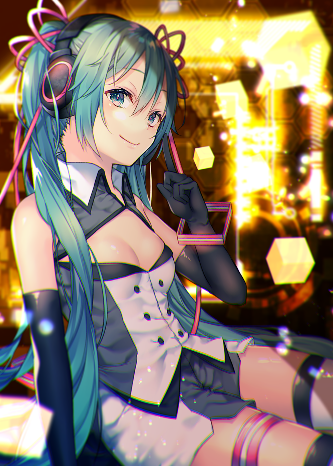 1girl black_gloves breasts cleavage_cutout dimension_(module) elbow_gloves from_side gloves green_eyes green_hair hair_between_eyes hatsune_miku headphones index_finger_raised long_hair nijigen_dream_fever_(vocaloid) project_diva_(series) shiomizu_(swat) sitting small_breasts smile solo thigh-highs very_long_hair vocaloid