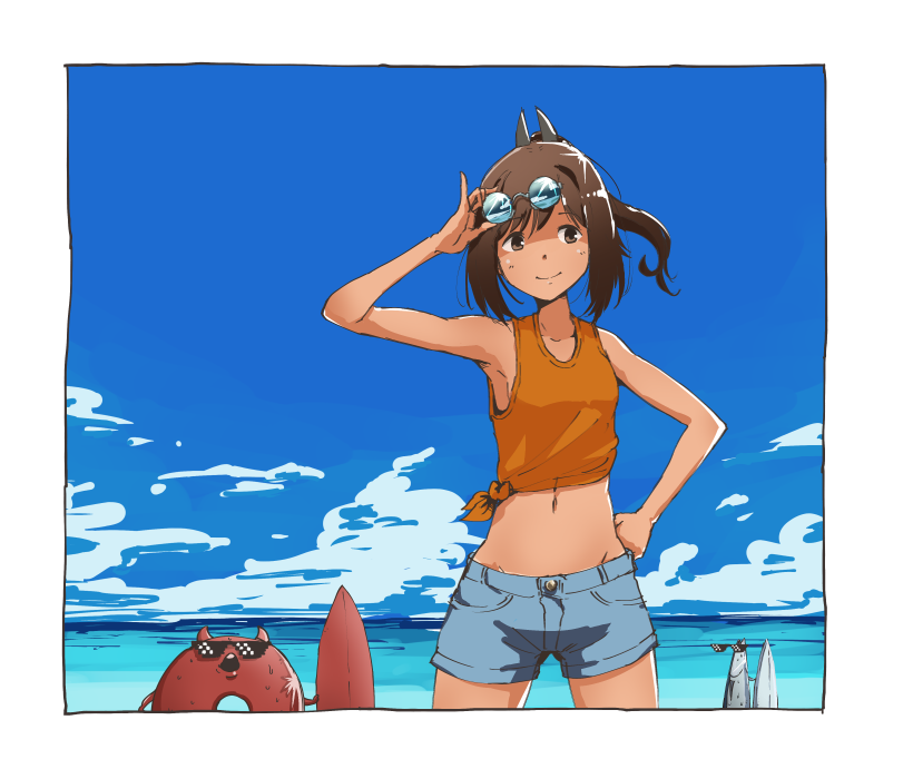 1girl bangs border brown_eyes brown_hair clouds day denim denim_shorts enemy_lifebuoy_(kantai_collection) eyewear_on_head fish gyorui_(amezari) hand_on_hip i-401_(kantai_collection) kantai_collection long_hair ocean orange_tank_top outdoors ponytail shinkaisei-kan shirt shorts sky smile sunglasses sweat tank_top tied_shirt water white_border