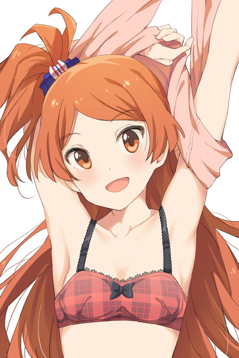 1girl armpits arms_up black_bow blush bow bow_bra bra breasts collarbone hair_ribbon highres hiroki_(yyqw7151) idolmaster idolmaster_million_live! long_hair looking_at_viewer midriff one_side_up oogami_tamaki open_mouth orange_eyes orange_hair red_bra ribbon simple_background small_breasts smile solo underwear undressing upper_body white_background