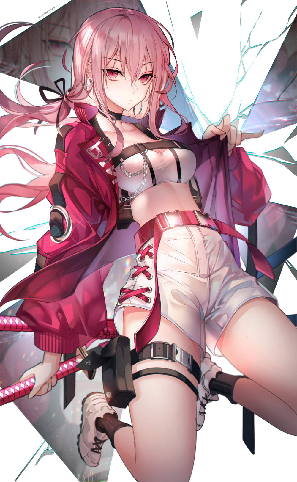 1girl bandeau belt belt_pouch black_choker black_legwear breasts choker floating_hair hair_ribbon high-waist_shorts highres holding jacket katana leg_belt long_hair looking_at_viewer low_twintails medium_breasts midriff open_clothes open_jacket original pink_eyes pink_hair pouch red_jacket ribbon shoes shorts socks solo sword thighs twintails unity_(ekvmsp02) weapon white_footwear white_shorts