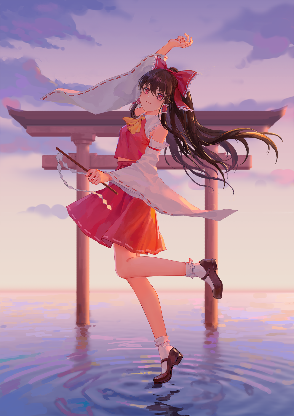 1girl arm_up ascot bangs black_footwear bobby_socks bow brown_hair closed_mouth clouds detached_sleeves eyebrows_visible_through_hair frilled_bow frilled_shirt_collar frills gohei gradient_sky hair_bow hair_tubes hakurei_reimu highres holding jessicaxx leg_up long_hair long_sleeves looking_at_viewer mary_janes medium_skirt outdoors pink_eyes ponytail red_bow red_shirt red_skirt reflection ribbon-trimmed_sleeves ribbon_trim ripples shirt shoes sidelocks skirt sky smile socks solo standing standing_on_one_leg torii touhou water white_legwear wide_sleeves yellow_neckwear