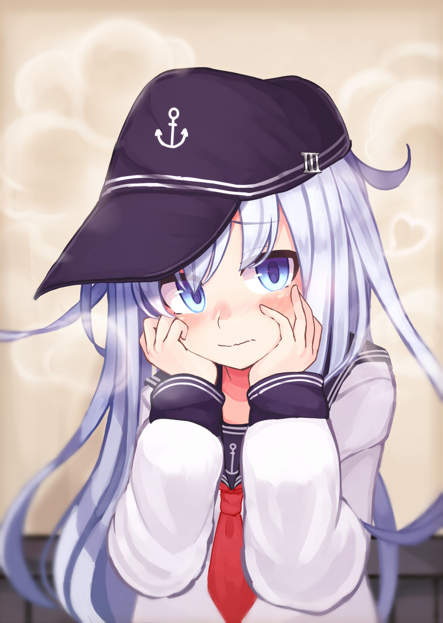 1girl anchor anchor_symbol bangs blue_eyes blush closed_mouth eyebrows_visible_through_hair flat_cap hands_on_own_cheeks hands_on_own_face hat heart hibiki_(kantai_collection) highres kantai_collection long_hair long_sleeves neckerchief red_neckwear reitou_mikan sailor_collar school_uniform serafuku silver_hair solo steam wavy_mouth