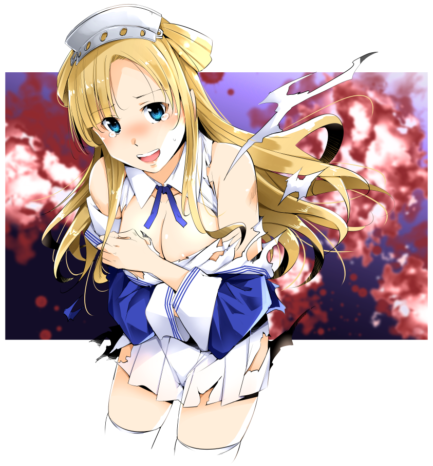 1girl blonde_hair blue_eyes blue_shirt boku_(akamedou) breasts covering covering_breasts double_bun fletcher_(kantai_collection) gloves hairband kantai_collection large_breasts long_hair neckerchief off_shoulder pleated_skirt sailor_collar school_uniform serafuku shirt skirt solo torn_clothes torn_shirt torn_skirt white_gloves white_sailor_collar white_skirt yellow_neckwear