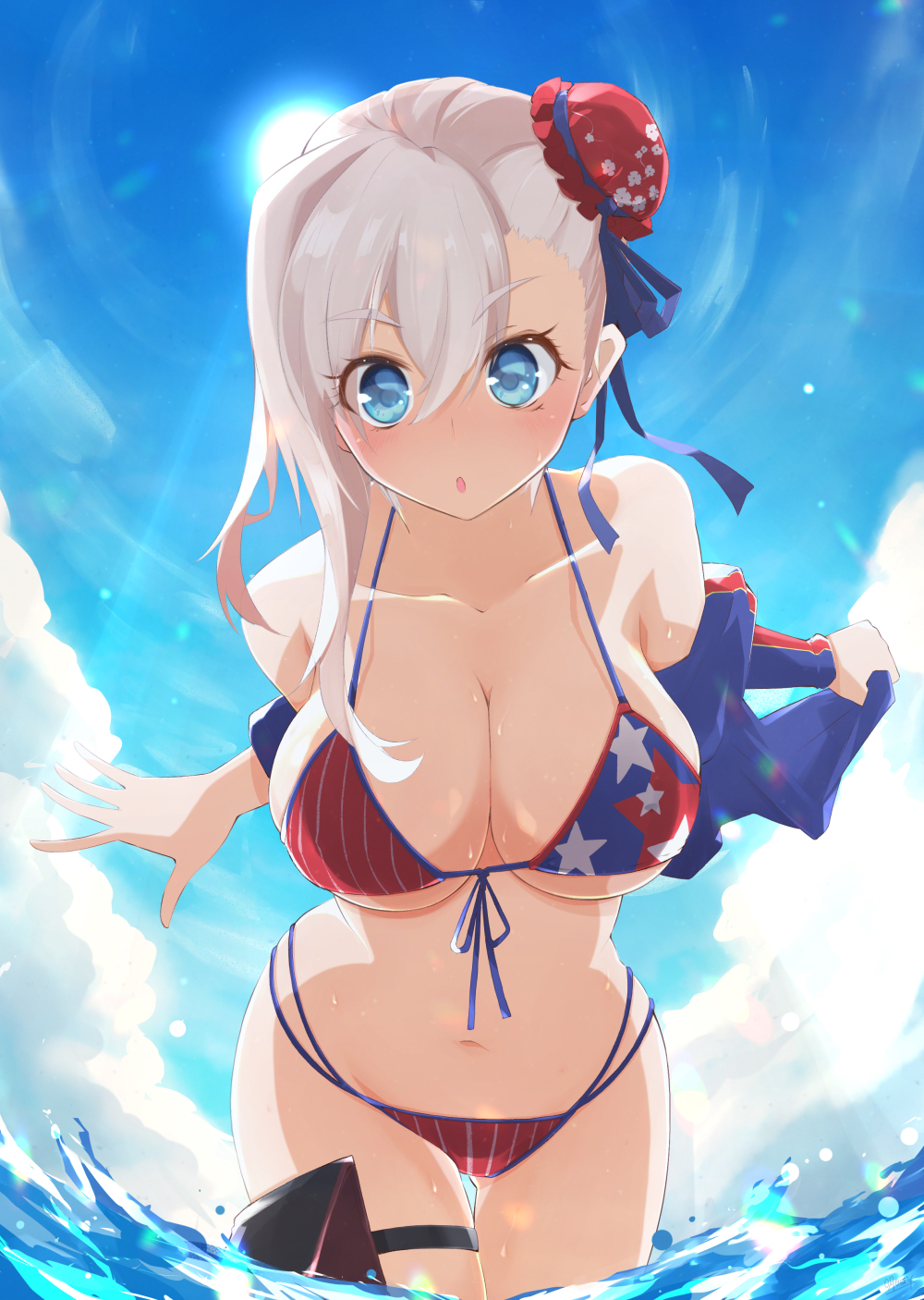 1girl american_flag_bikini ashita_wa_hitsuji asymmetrical_hair bangs bare_shoulders bikini blue_eyes blue_sky blush breasts bun_cover collarbone fate/grand_order fate_(series) flag_print hair_bun highres jacket jacket_removed large_breasts leaning_forward long_hair looking_at_viewer miyamoto_musashi_(fate/grand_order) miyamoto_musashi_(swimsuit_berserker)_(fate) navel ocean open_mouth pink_hair side_bun single_sidelock sky sunlight swept_bangs swimsuit wading