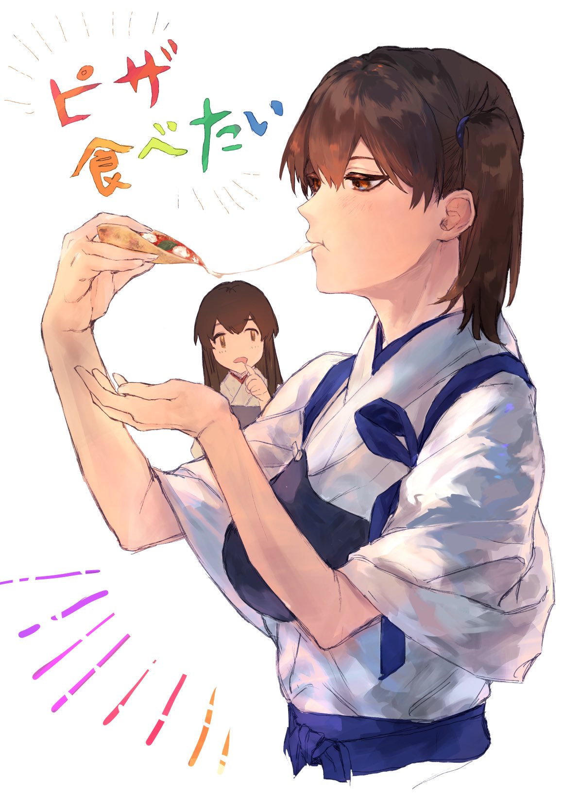 2girls akagi_(kantai_collection) brown_hair cheese_trail eating food fukazaki highres japanese_clothes kaga_(kantai_collection) kantai_collection long_hair multiple_girls muneate pizza side_ponytail simple_background straight_hair translation_request white_background