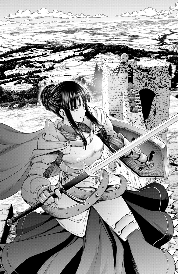 1girl armor armored_dress bangs belt blunt_bangs braid breastplate breasts cape chainmail clouds double_bun gauntlets holding holding_sword holding_weapon monochrome original pauldrons ruins shield shoulder_armor solo stairs sword tagme weapon yamada_yoshinobu