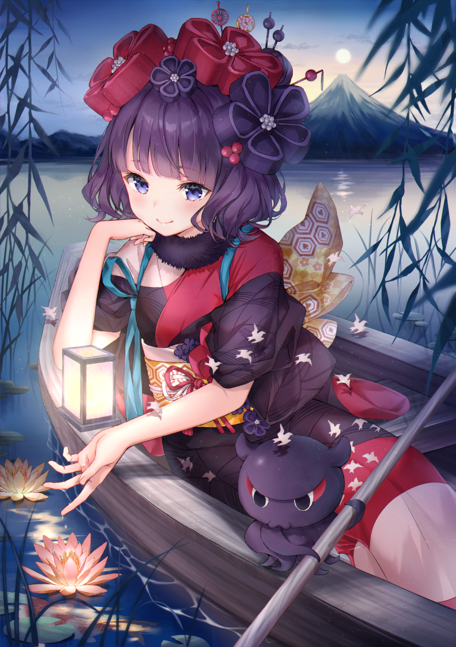 1girl animal black_kimono boat closed_mouth commentary_request fate/grand_order fate_(series) flower flower_on_liquid fur_collar hair_ornament highres japanese_clothes katsushika_hokusai_(fate/grand_order) kimono lake lantern mount_fuji obi octopus outdoors pink_flower purple_hair rowboat sash short_sleeves smile sunset tasuki tokitarou_(fate/grand_order) violet_eyes water watercraft yumesaki