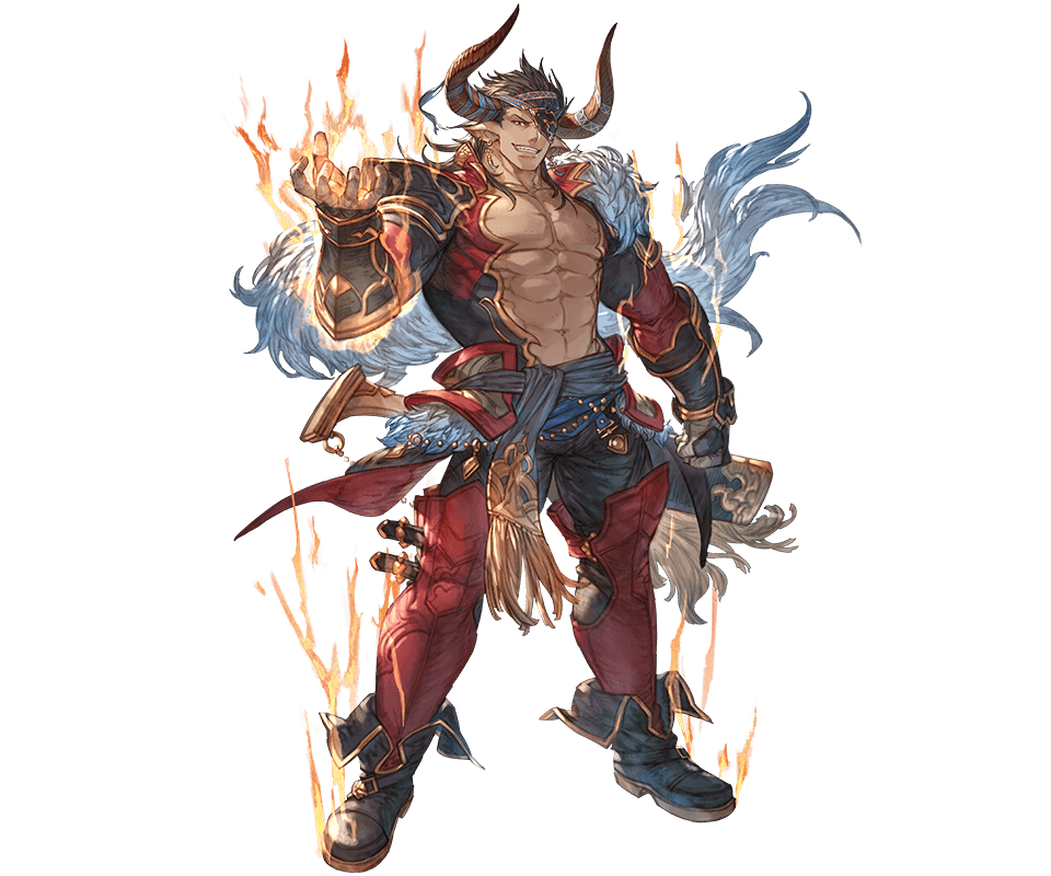 1boy abs armor bara black_hair chest dark_skin dark_skinned_male draph earrings eyepatch full_body gloves granblue_fantasy horns jewelry long_hair looking_at_viewer male_focus manly muscle navel official_art one_eye_covered pants pectorals pointy_ears reinhardtzar revealing_clothes shiny shiny_hair smile solo white_background