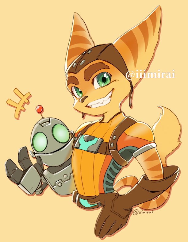 2boys animal_ears animal_nose clank commentary elbow_gloves furry gloves green_eyes iiimirai lombax looking_at_viewer multiple_boys ratchet_&amp;_clank ratchet_(ratchet_&amp;_clank) robot simple_background smirk snout striped_tail tail twitter_username upper_body yellow_background