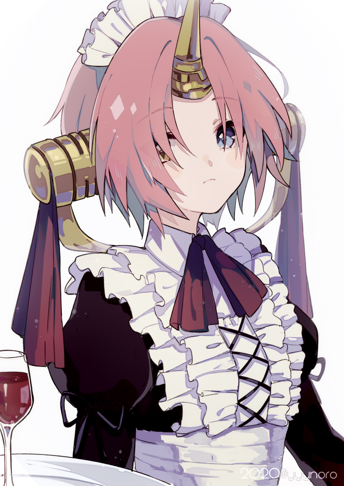 1girl artist_name bangs blue_eyes breasts captain_yue closed_mouth cup dress drinking_glass eyebrows_visible_through_hair fate/grand_order fate_(series) frankenstein's_monster_(fate) frills frown hair_ornament hair_over_eyes hair_over_one_eye headgear heterochromia holding holding_plate horns juliet_sleeves long_sleeves looking_at_viewer maid maid_headdress parted_bangs pink_hair plate puffy_sleeves red_ribbon ribbon short_hair simple_background single_horn solo upper_body white_background wine_glass yellow_eyes