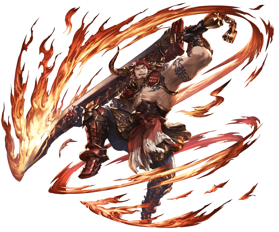 1boy abs agielba animal_ears armor armored_boots bara beard boots chest draph facial_hair fighting_stance fire full_body gloves granblue_fantasy holding holding_weapon horns looking_up male_focus manly minaba_hideo muscle official_art open_clothes oversized_object pants pectorals revealing_clothes shirtless shoulder_armor simple_background smile solo spaulders sword tattoo weapon white_background