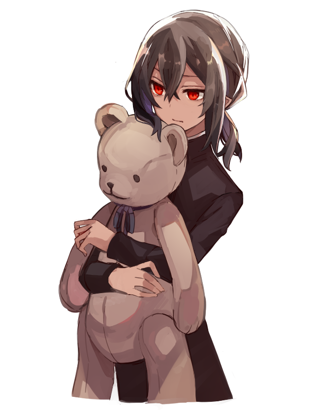 1boy black_hair dark_skin dark_skinned_male hair_between_eyes holding holding_stuffed_animal long_sleeves omnis_(pixiv_fantasia_age_of_starlight) pixiv_fantasia pixiv_fantasia_age_of_starlight red_eyes simple_background solo standing stuffed_animal stuffed_toy teddy_bear tori_(10ri) white_background