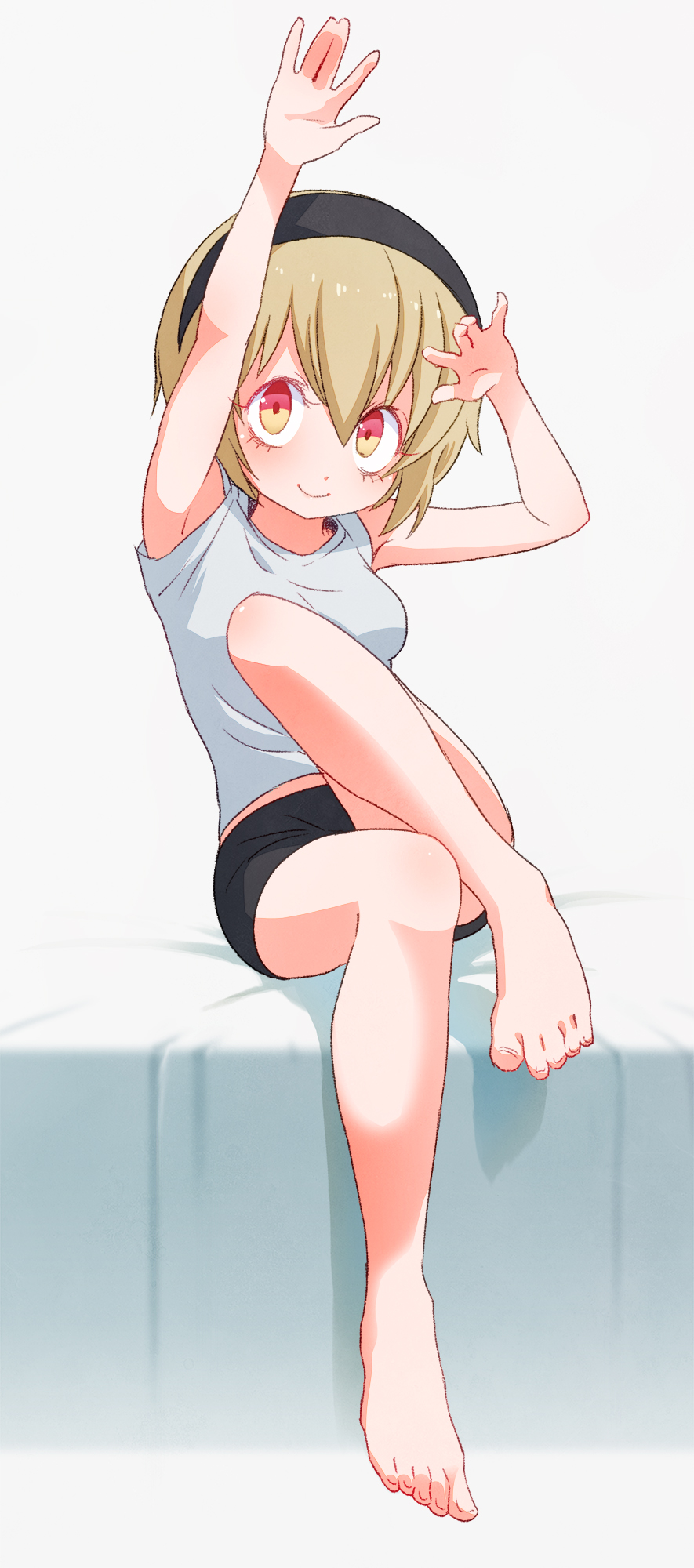 1girl arm_up armpits barefoot bed black_shorts blonde_hair blush breasts closed_mouth feet hair_ornament hairband highres jashin-chan_dropkick looking_at_viewer medium_breasts multicolored multicolored_eyes on_bed pekora_(jashin-chan_dropkick) sat-c shiny shiny_hair shirt short_hair shorts simple_background sitting smile solo white_background white_shirt