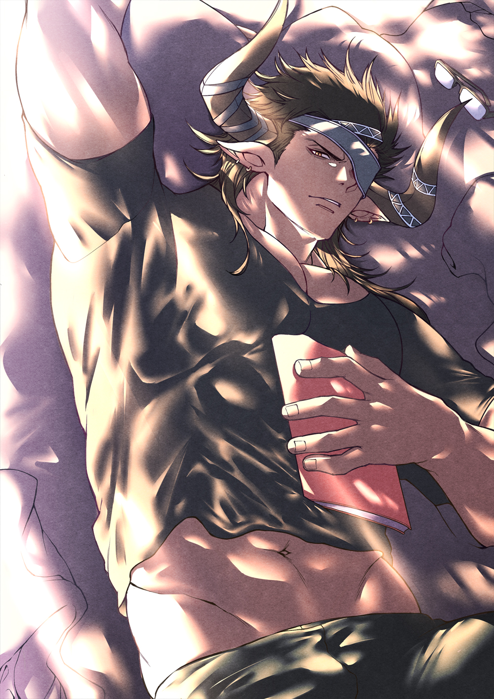 1boy abs abs_peek arm_up bara black_hair chest dark_skin dark_skinned_male draph earrings eyepatch granblue_fantasy highres holding horns jewelry light looking_at_viewer lying male_focus manly muscle navel on_back pants pectorals pillow pointy_ears reinhardtzar revealing_clothes shadow short_sleeves solo upper_body zanki
