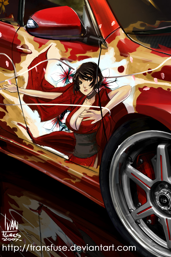 brown_hair car choker itasha ivan_flores japanese_clothes kimono kurenai_(red_ninja) motor_vehicle red_ninja short_hair vehicle